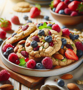 Nærbilde av et fat med hjemmelagde sunne småkaker på et lyst trebord, dekorert med friske bær, hakkede nøtter og et lunt, naturlig lys