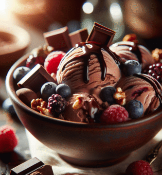 Nærbilde av kremet sjokoladeiskrem i skål, mørk sjokolade, ferske bær og ristede nøtter, naturlig lys, varm og innbydende stemning