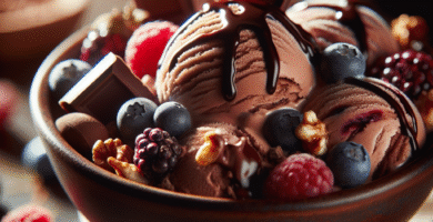 Nærbilde av kremet sjokoladeiskrem i skål, mørk sjokolade, ferske bær og ristede nøtter, naturlig lys, varm og innbydende stemning