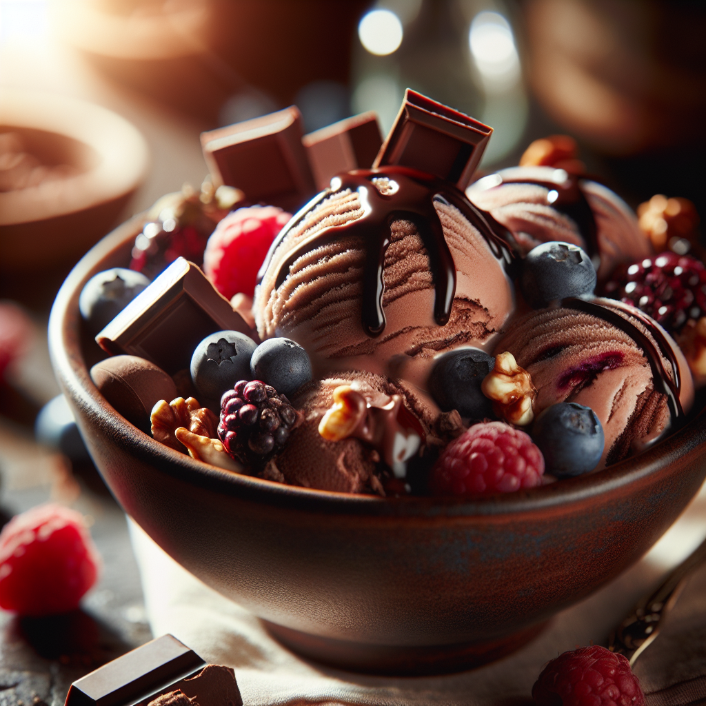 Nærbilde av kremet sjokoladeiskrem i skål, mørk sjokolade, ferske bær og ristede nøtter, naturlig lys, varm og innbydende stemning