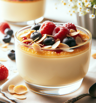 Nærbilde av en kremet, gyllen vaniljepudding i en glasskopp, toppet med friske bær og ristede mandelflak, lys og innbydende matfotografering