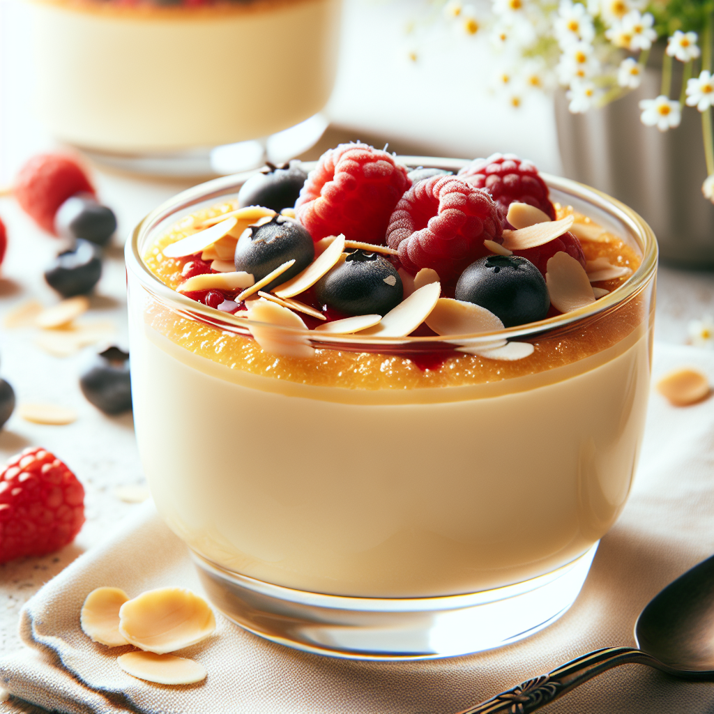 Nærbilde av en kremet, gyllen vaniljepudding i en glasskopp, toppet med friske bær og ristede mandelflak, lys og innbydende matfotografering
