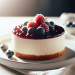 Nærbilde av en kremet, sunn ostekake med frisk bærkompott på toppen, delikat porsjon servert på hvit tallerken, mykt naturlig lys