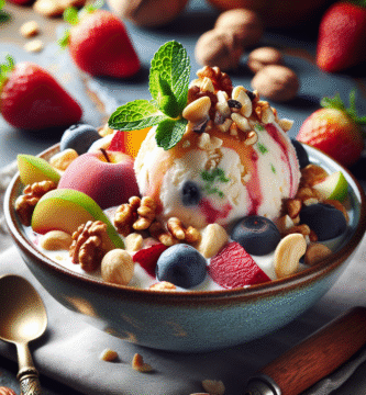 Moderne skål med kremet, sunn hjemmelaget iskrem av frukt og yoghurt, toppet med nøtter og mynte, lyst naturlig lys, nærbilde, appetittvekkende