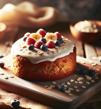 Saftig, sunn banan- og havrekake på trefjøl, myk glasur, friske bær og nøtter, varmt naturlig lys, innbydende og hjemmekoselig