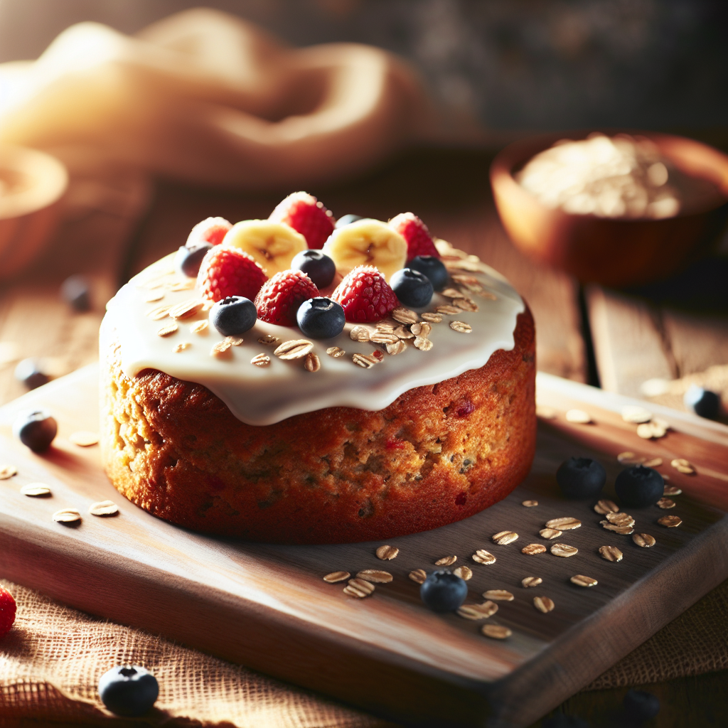 Saftig, sunn banan- og havrekake på trefjøl, myk glasur, friske bær og nøtter, varmt naturlig lys, innbydende og hjemmekoselig