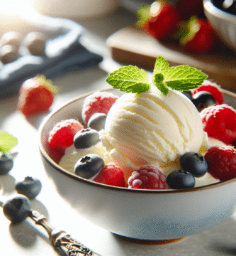 Nærbilde av en kremet vaniljeiskrem i en skål, pyntet med friske bær og mynte, naturlig lys, lyst kjøkken, delikat og fristende