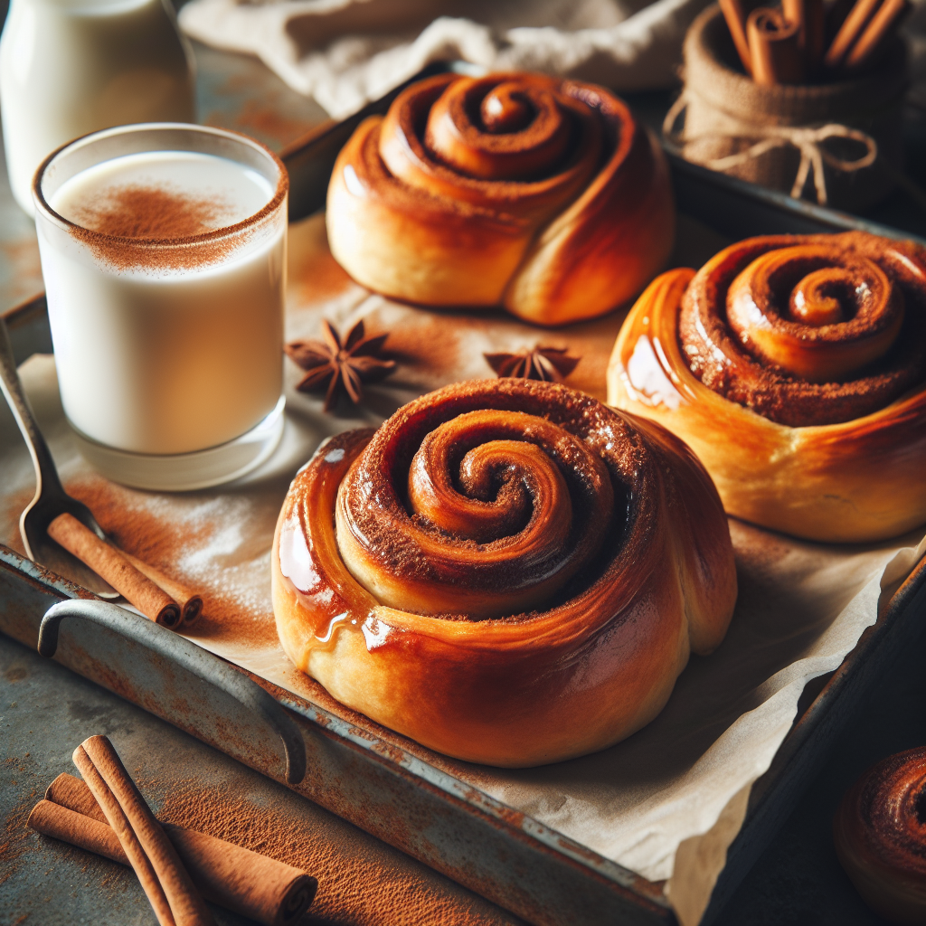 Nærbilde av nystekte, gyldne kanelboller på et rustikt brett, med et glass plantemelk ved siden av og et støv av kanel i luften, varmt naturlig lys
