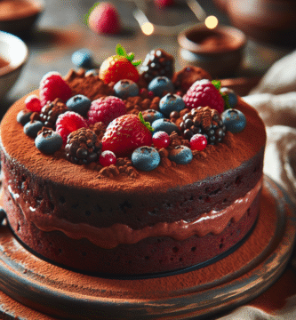 Nærbilde av en saftig, sunn sjokoladekake på et rustikt bord, pyntet med bær og et dryss kakaopulver, naturlig lys, varmfarger