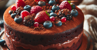 Nærbilde av en saftig, sunn sjokoladekake på et rustikt bord, pyntet med bær og et dryss kakaopulver, naturlig lys, varmfarger