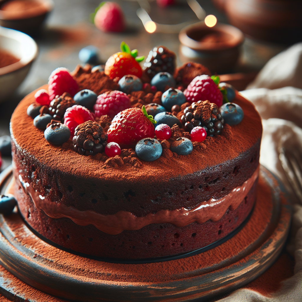 Nærbilde av en saftig, sunn sjokoladekake på et rustikt bord, pyntet med bær og et dryss kakaopulver, naturlig lys, varmfarger