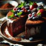 Nærbilde av en saftig sjokoladekake på et rustikt fat, skåret for å vise fuktig indre, pyntet med friske bær og et dryss kakao, varmt naturlig lys
