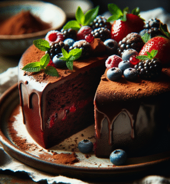 Nærbilde av en saftig sjokoladekake på et rustikt fat, skåret for å vise fuktig indre, pyntet med friske bær og et dryss kakao, varmt naturlig lys