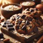 Nærbilde av sunne sjokoladechipkjeks på et rustikt brett, med mørke sjokoladebiter, havre og hakkede nøtter, varm gyllen belysning og naturlig bakgrunn