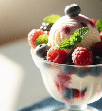 Nærbilde av en kremet fruktiskrem i glass, toppet med frisk bær- og myntepynt, naturlig lys, minimalistisk bakgrunn, sommerlig og frisk estetikk
