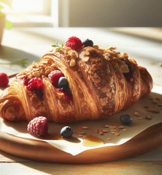 Nærbilde av gyllen, hjemmebakt croissant laget med sunnere ingredienser, fullkornlag synlige, fylt med bær og litt honning, på lyst trebord i naturlig lys
