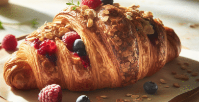 Nærbilde av gyllen, hjemmebakt croissant laget med sunnere ingredienser, fullkornlag synlige, fylt med bær og litt honning, på lyst trebord i naturlig lys