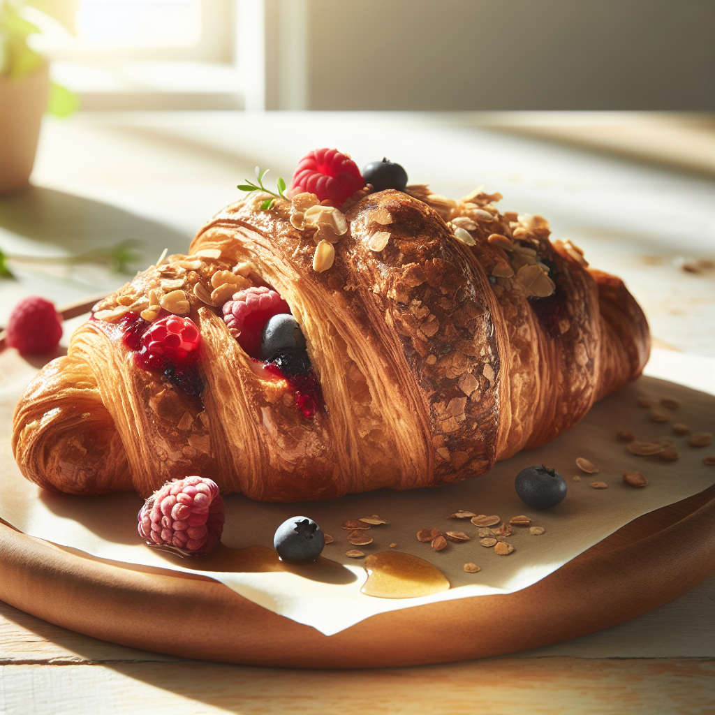 Nærbilde av gyllen, hjemmebakt croissant laget med sunnere ingredienser, fullkornlag synlige, fylt med bær og litt honning, på lyst trebord i naturlig lys