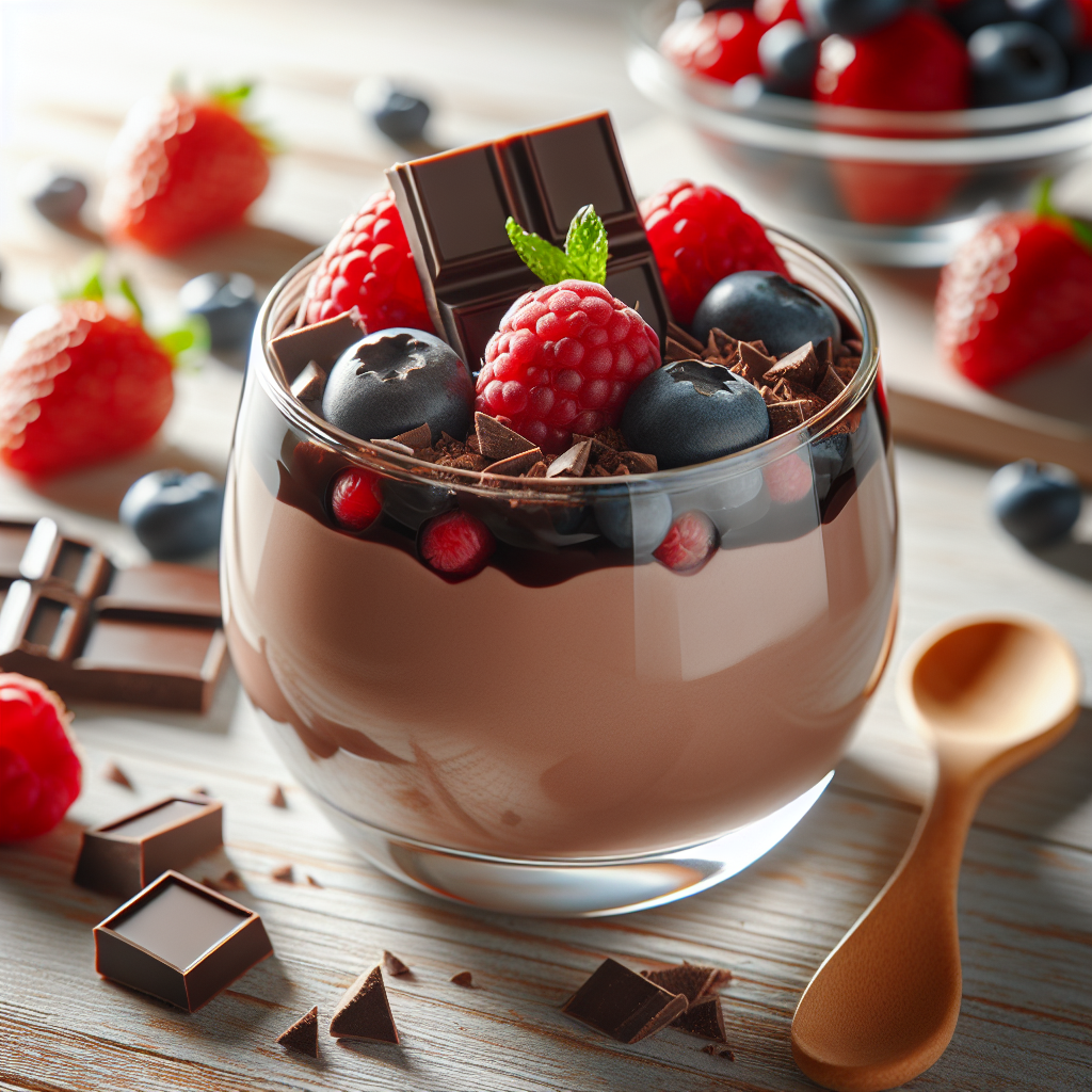 Kremet sjokoladepudding i glass med friske bær og hakket mørk sjokolade, på lyst trebord, naturlig dagslys, sunn og innbydende styling